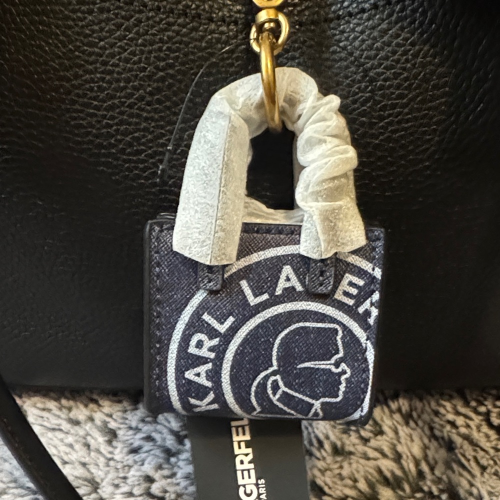 Karl Lagerfeld Black Leather Tote with Gold-Tone Accent With Added Charm & Dusty - Picture 4 of 16
